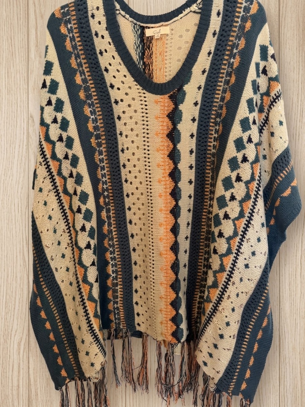 Easel Boho Geometric Knit Poncho Sweater with Fringe Trim, Sz M